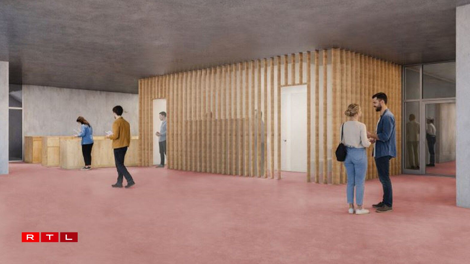 Konzept fir Toilettë mat engem oppene Beräich ronderëm d'Lavaboen.