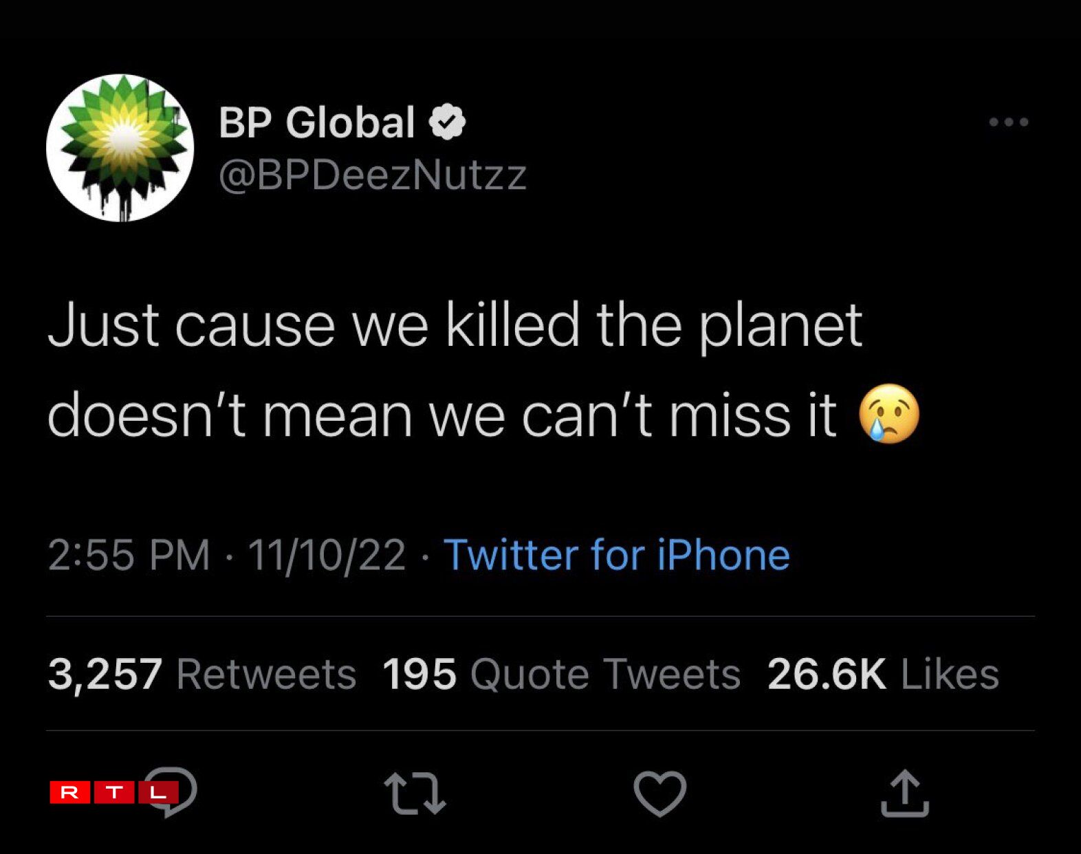 A user impersonating energy giant BP highlighted the oil major's awkward switch to campaigning to stop climate change.