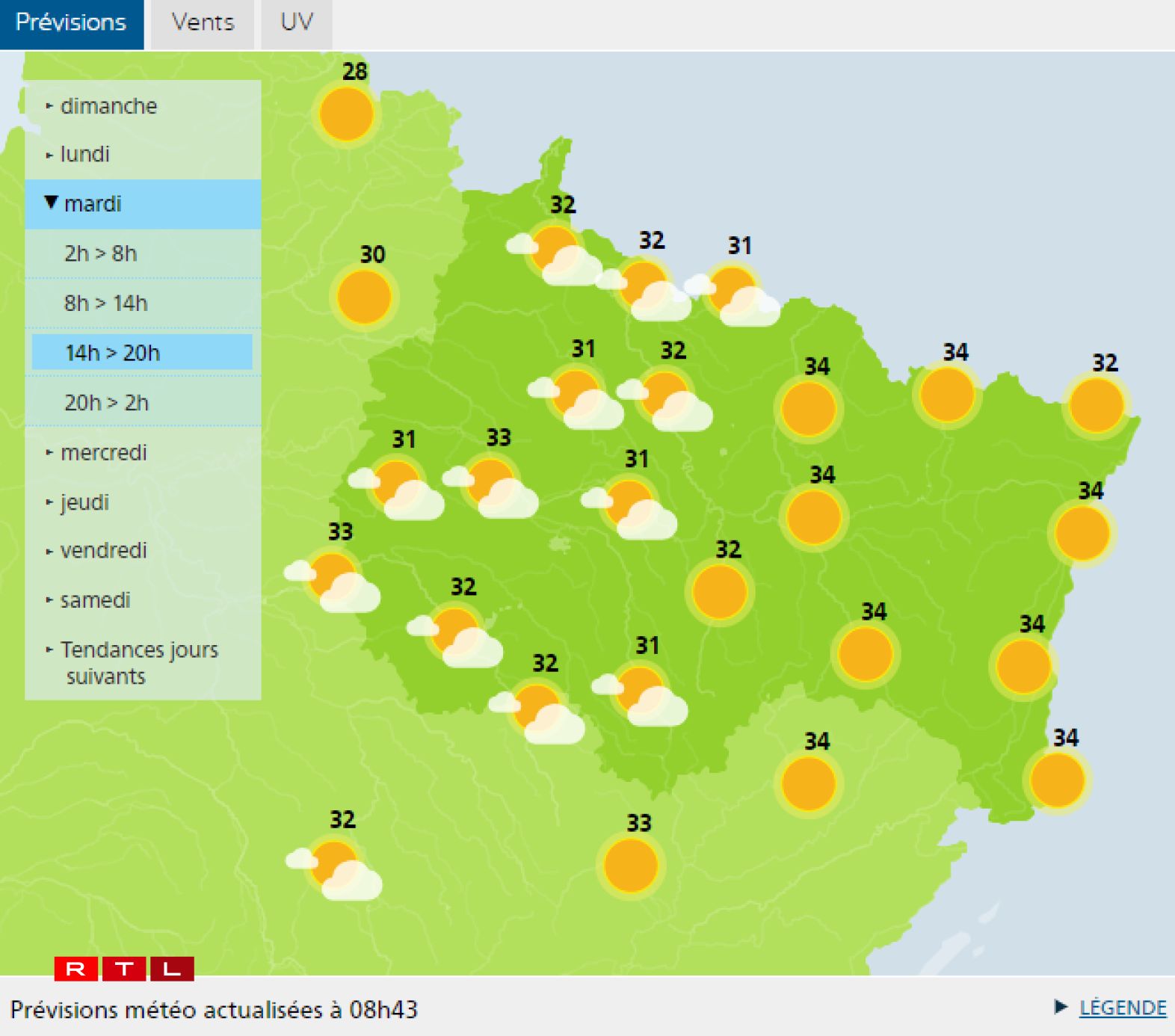 Les prévisions pour mardi