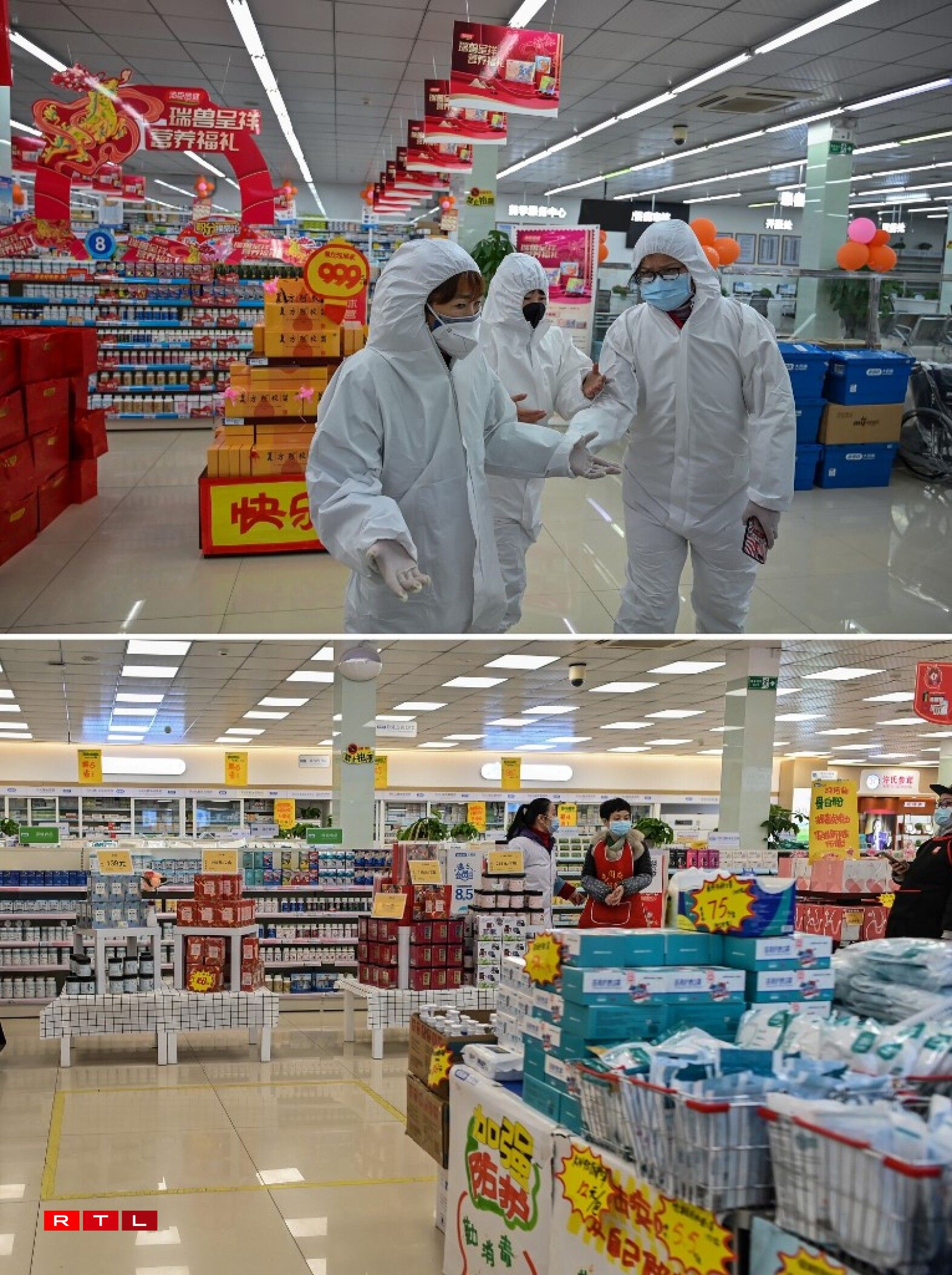 Des employés de pharmacie portant une tenue de protection le 25 janvier 2020 (en haut) et le18 janvier 2021 (en bas).