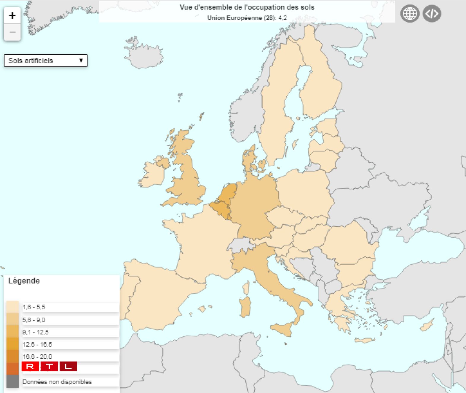 Le top 3 en termes de sols artificiels: Malte (23,7%), Pays-Bas (12,1%) et Belgique (11,4%). Le Luxembourg finit en 4e position.