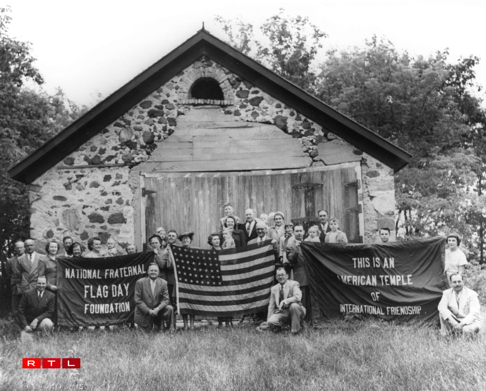 National Fraternal Flag Day Foundation in front of Stony Hill School before its renovation