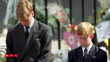De Prënz William a säi Brudder, de Prënz Harry, um Begriefnes vun hirer Mamm Diana.