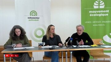 D'Thécla Kirsch (Oekozenter Pafendall), d'Blanche Weber (Mouveco) an den Théid Faber (Oekozenter Pafendall) bei hirer gemeinsamer Pressekonferenz de 17. Februar 2026.