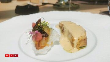 Le turbot de ligne, beurre battu et fenouil de Cyril Molard associé à la dentelle végétale, fenouil, oignons, griottes de René Mathieu.