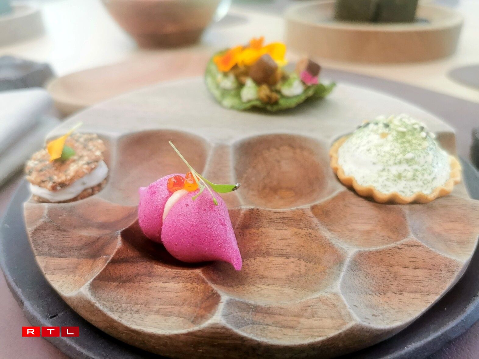 Le macaron betterave, tarama, truite, la tartelette truite, raifort, estragon et le crakers végétal houmous truite, pignons de Pins, citron de Cyril Molard associés au chénopode et tilleul, bégonia, capucine de René Mathieu.