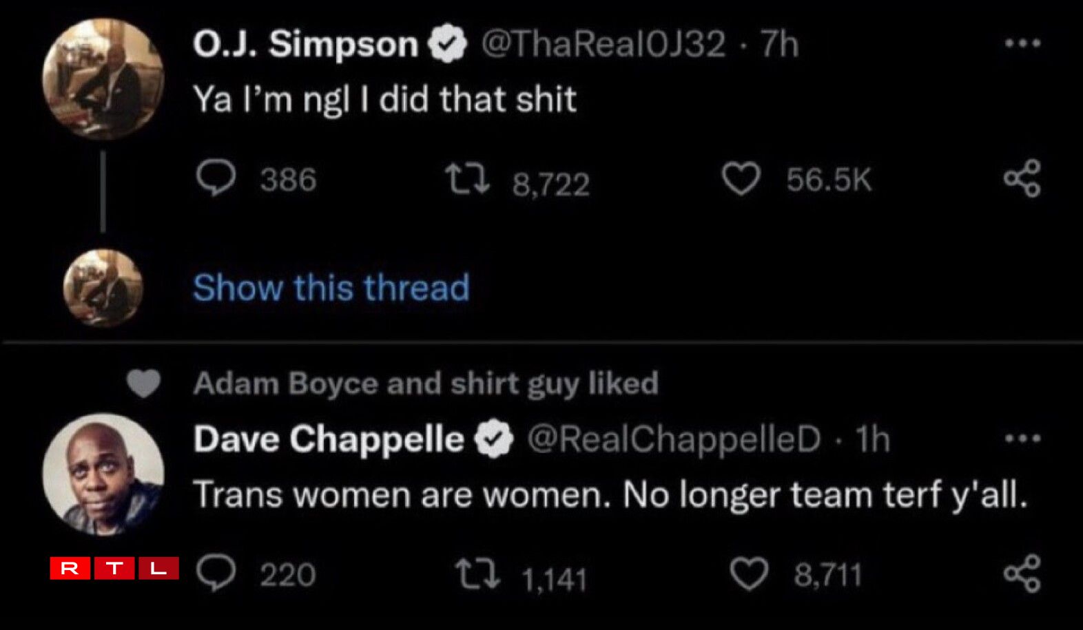 Former American football star OJ Simpson is best known for being tried for the murder of his former wife, Nicole Brown Simpson, and her friend Ron Goldman. Simpson was acquitted of the murders in criminal court but was later found responsible for both deaths in a civil trial. Comedian Dave Chappelle was widely criticised for jokes targeted at transgender people.