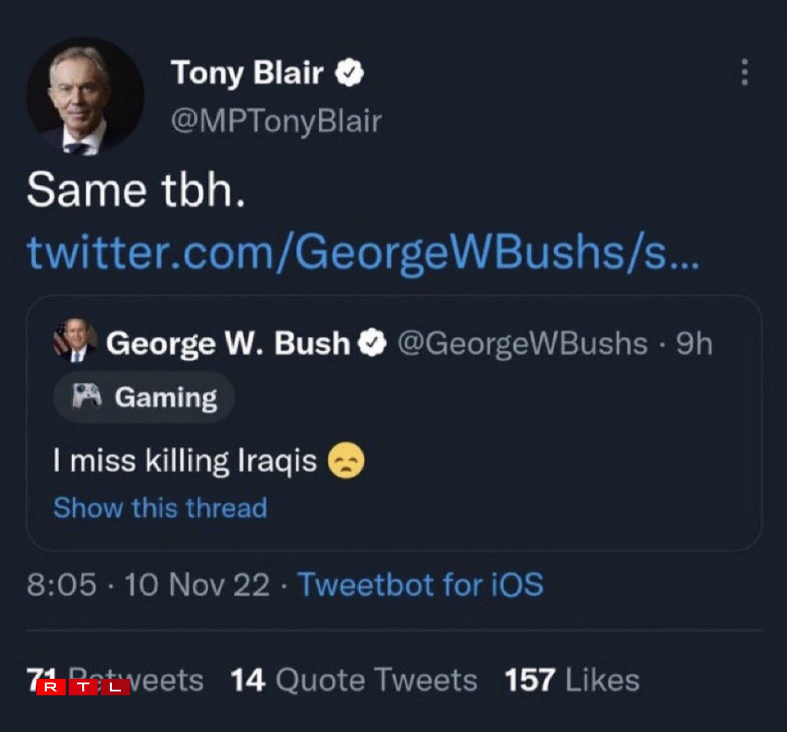 Former US President George Bush and former UK Prime Minister Tony Blair were lampooned for their invasion of Iraq in 2003.