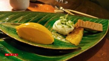 Et pour terminer ce menu à 75€: l'ananas rôti aux épices avec une crème à l'avocat brûlé et sa glace à la mangue.