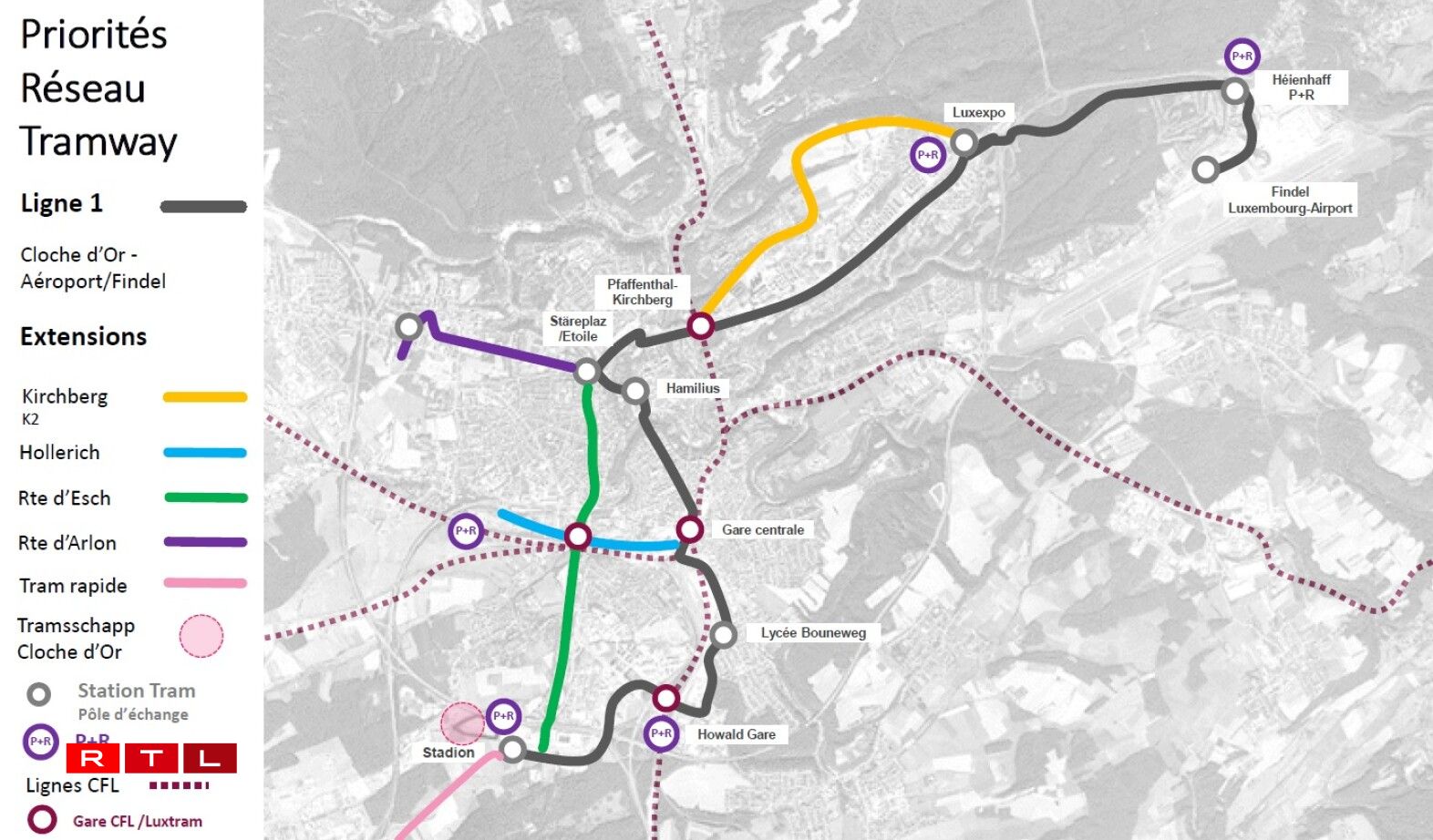 Le futur réseau du tram à Luxembourg-ville