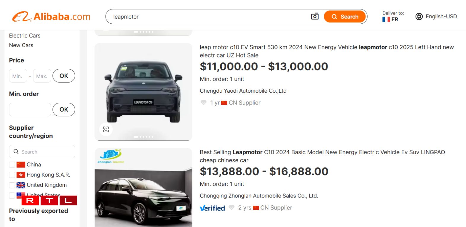 Sur Alibaba, on trouve plusieurs annonces de vente de véhicules Leapmotor, au tarif chinois.