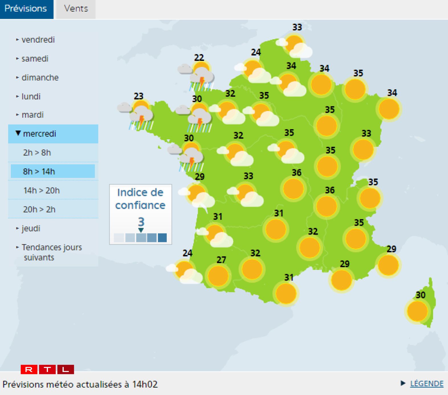 Les prévisions pour mercredi prochain