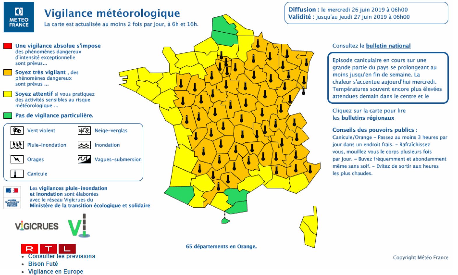 La carte des vigilances de Météo France
