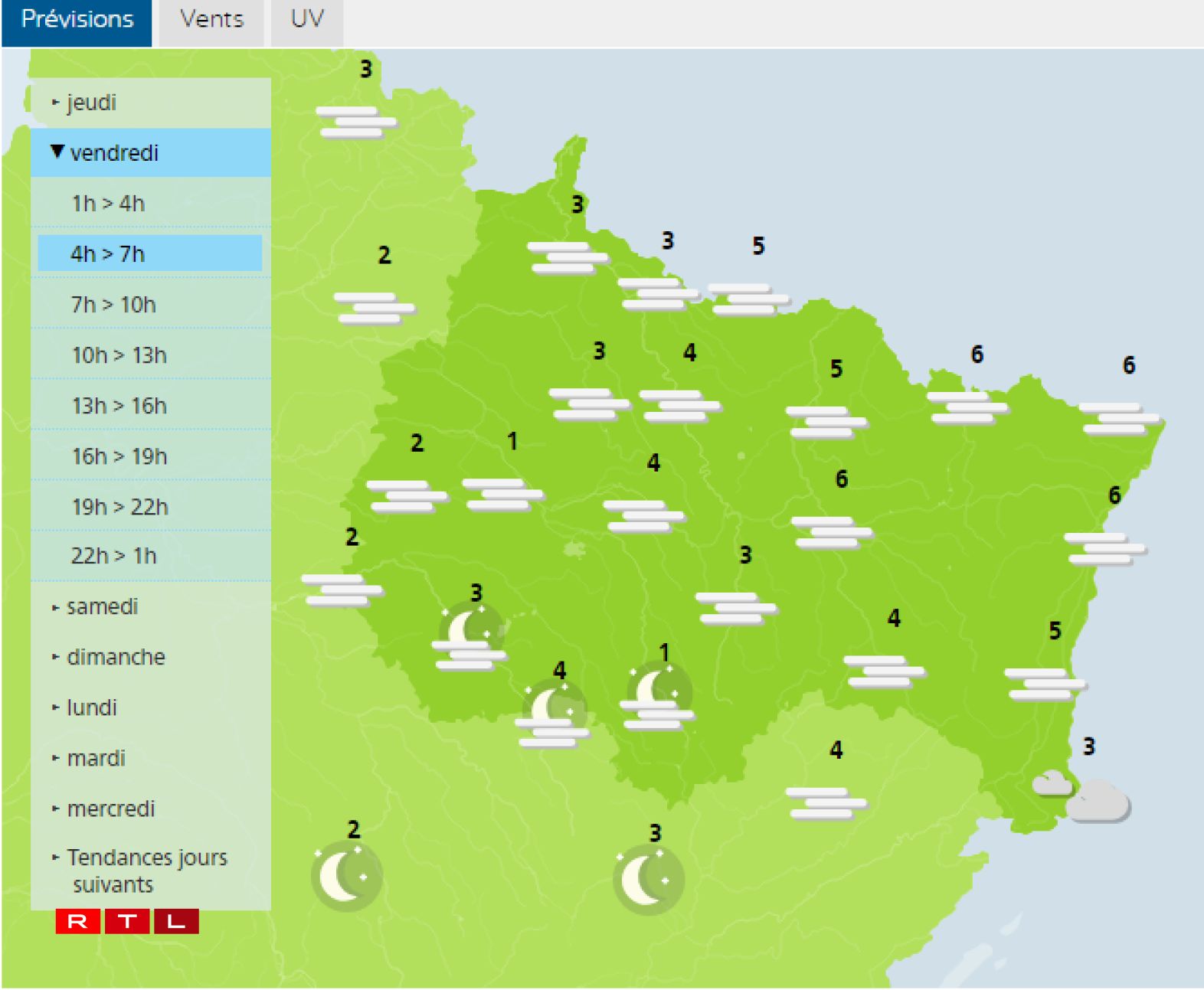 Les prévision pour vendredi matin (4h-7h).