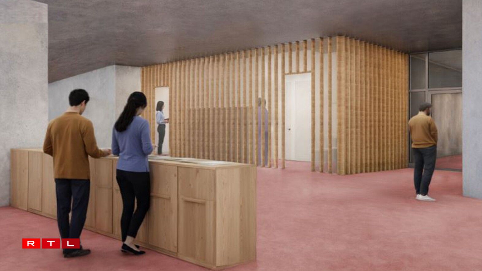 Konzept fir Toilettë mat engem oppene Beräich ronderëm d'Lavaboen.