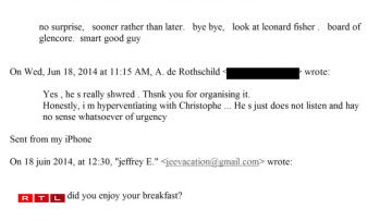 E-mail conversation between Ariane de Rothschild and Jeffrey Epstein in 2014.
