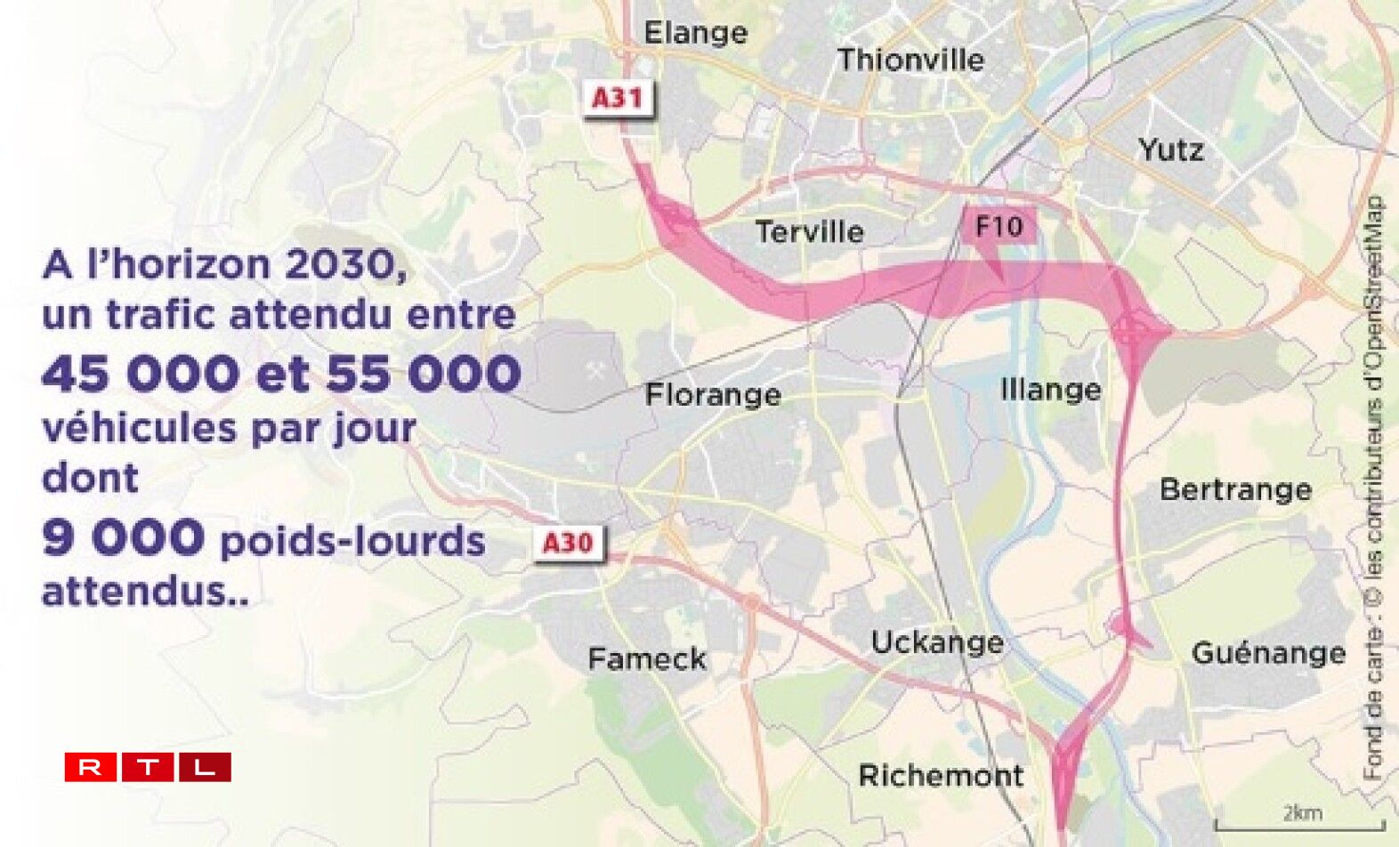 Le tracé F10, le plus proche de l'autoroute actuelle, passerait au nord d'Illange et au sud de Terville.