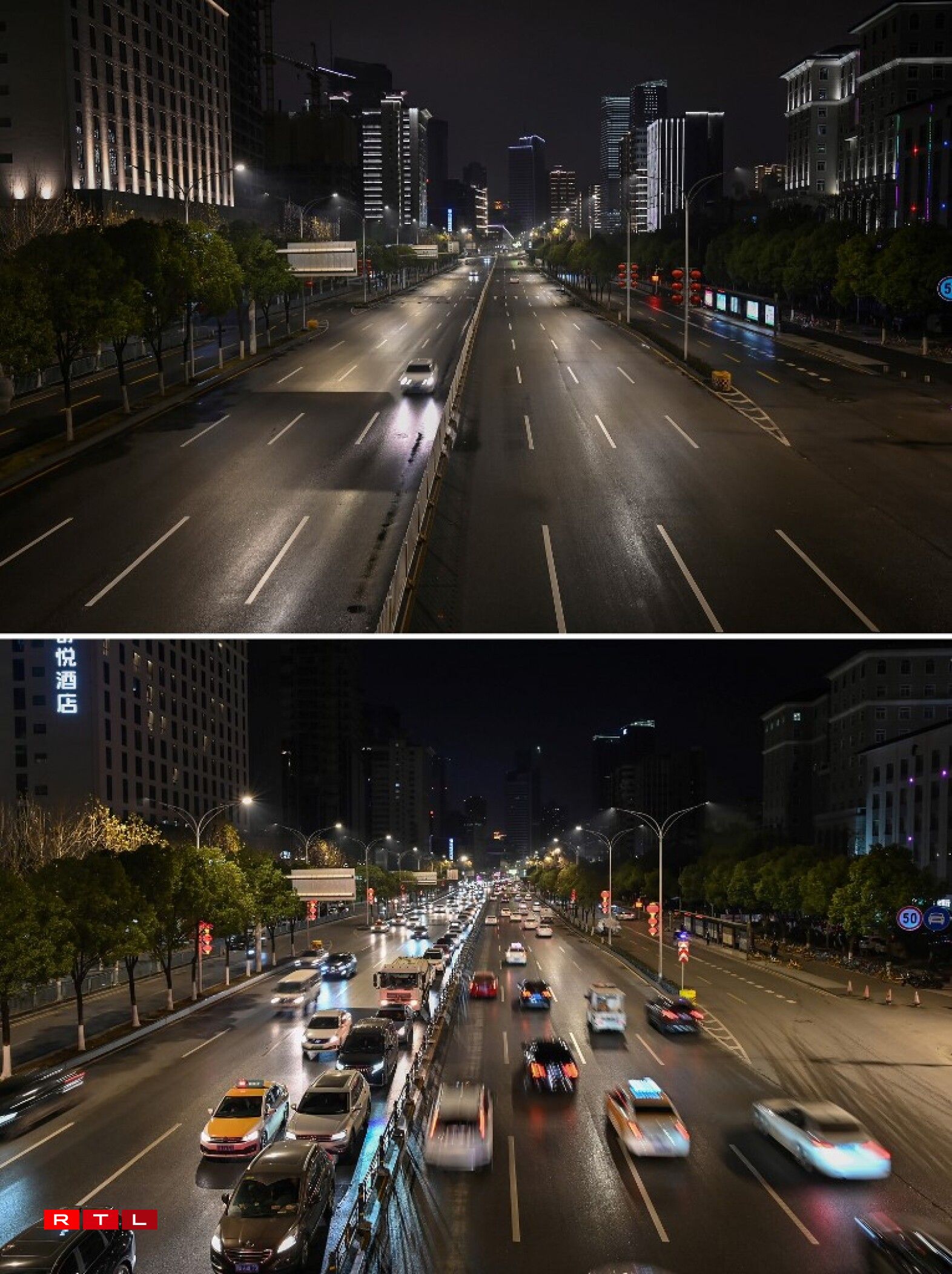 Les rues de Wuhan dénuées de trafic le 26 janvier 2020 (en haut) mais bondées le 19 janvier 2021 (en bas).