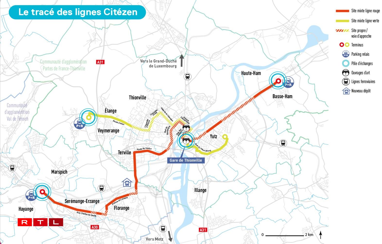 Le tracé des deux lignes Citézen, le nouveau bus à haut niveau de service de Thionville.