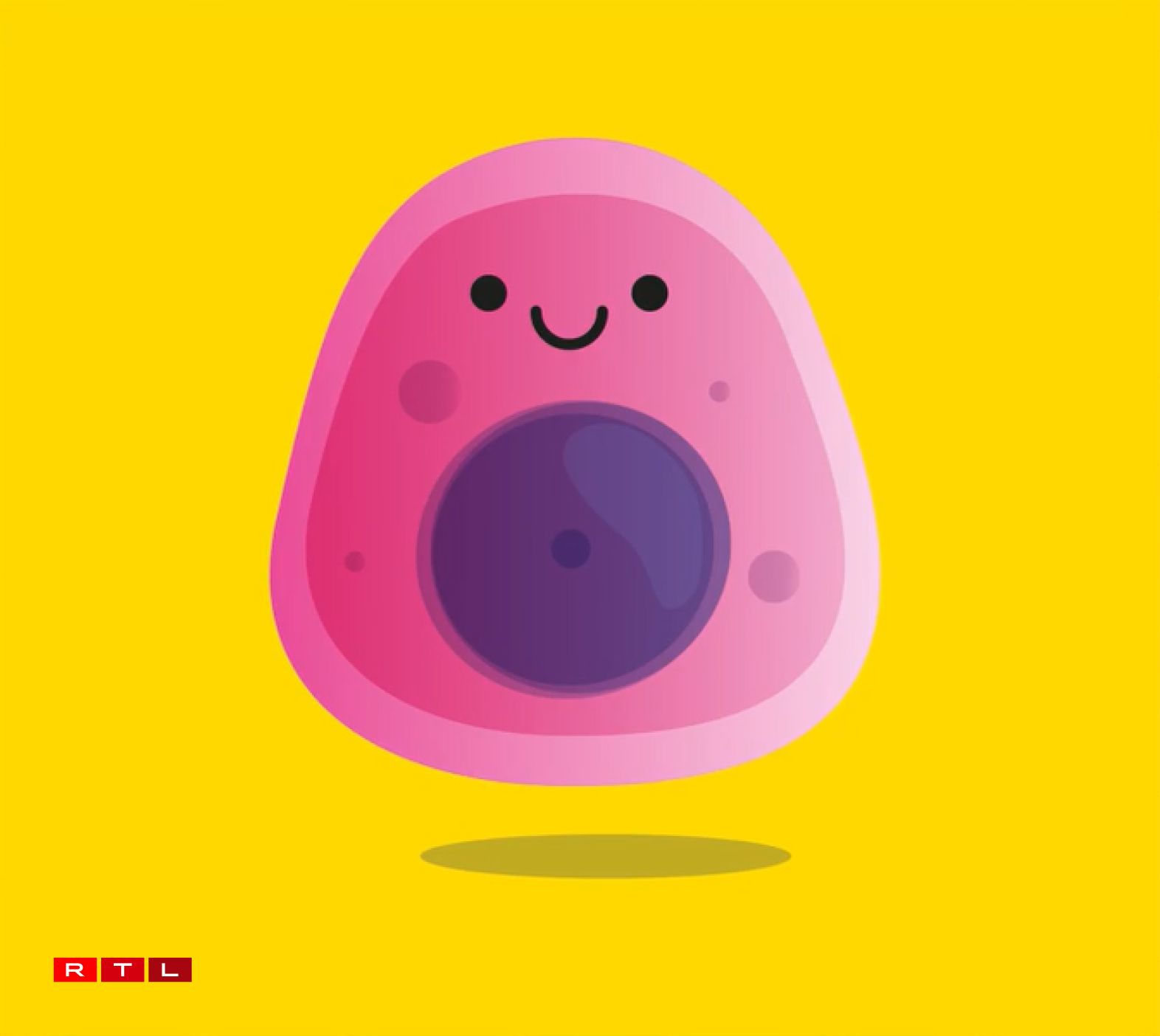 First image: illustration of a healthy cell (pink) with a cell nucleus (purple). Second image: close-up of the inside of the cell nucleus, where our chromosomes (grey-blue) are located, composed of coiled DNA (pink and blue double helix).