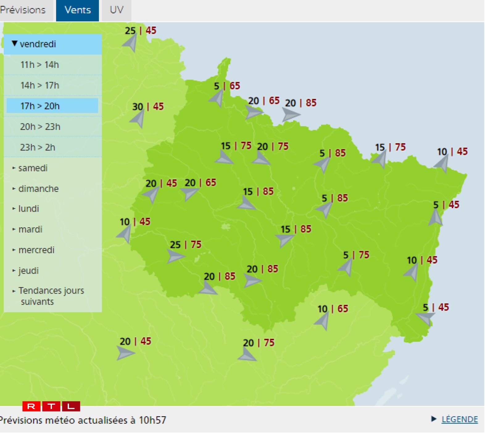 Les rafales de vent annoncées par Météo France