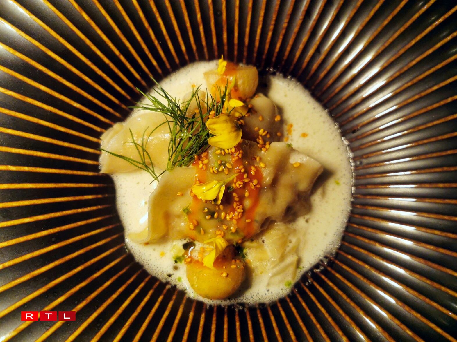 Langoustine dumplings with kimchi cabbage, green pepper, verbena, pear, and dill.