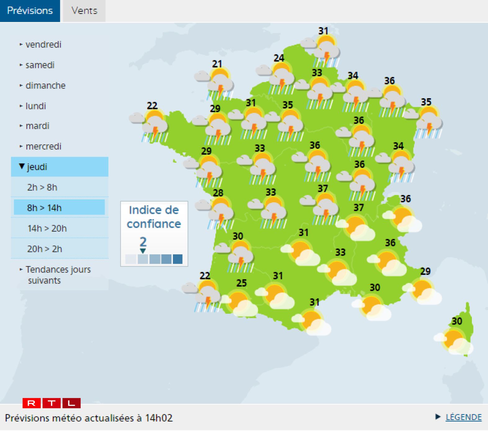 Les prévisions pour jeudi prochain
