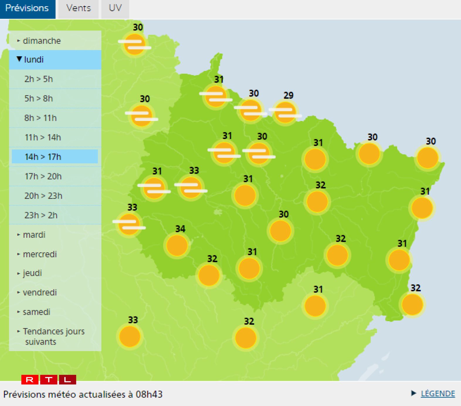 Les prévisions pour lundi.