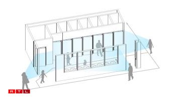 Konzept fir Toilettë mat engem oppene Beräich ronderëm d'Lavaboen.