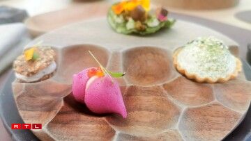 Le macaron betterave, tarama, truite, la tartelette truite, raifort, estragon et le crakers végétal houmous truite, pignons de Pins, citron de Cyril Molard associés au chénopode et tilleul, bégonia, capucine de René Mathieu.