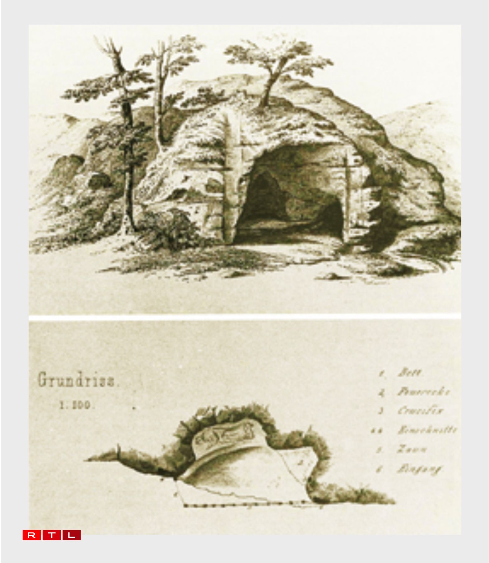 Scheme of the hermit's cave. Print of the national architect Charles Arendt (1860).