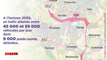 Le tracé F10, le plus proche de l'autoroute actuelle, passerait au nord d'Illange et au sud de Terville.