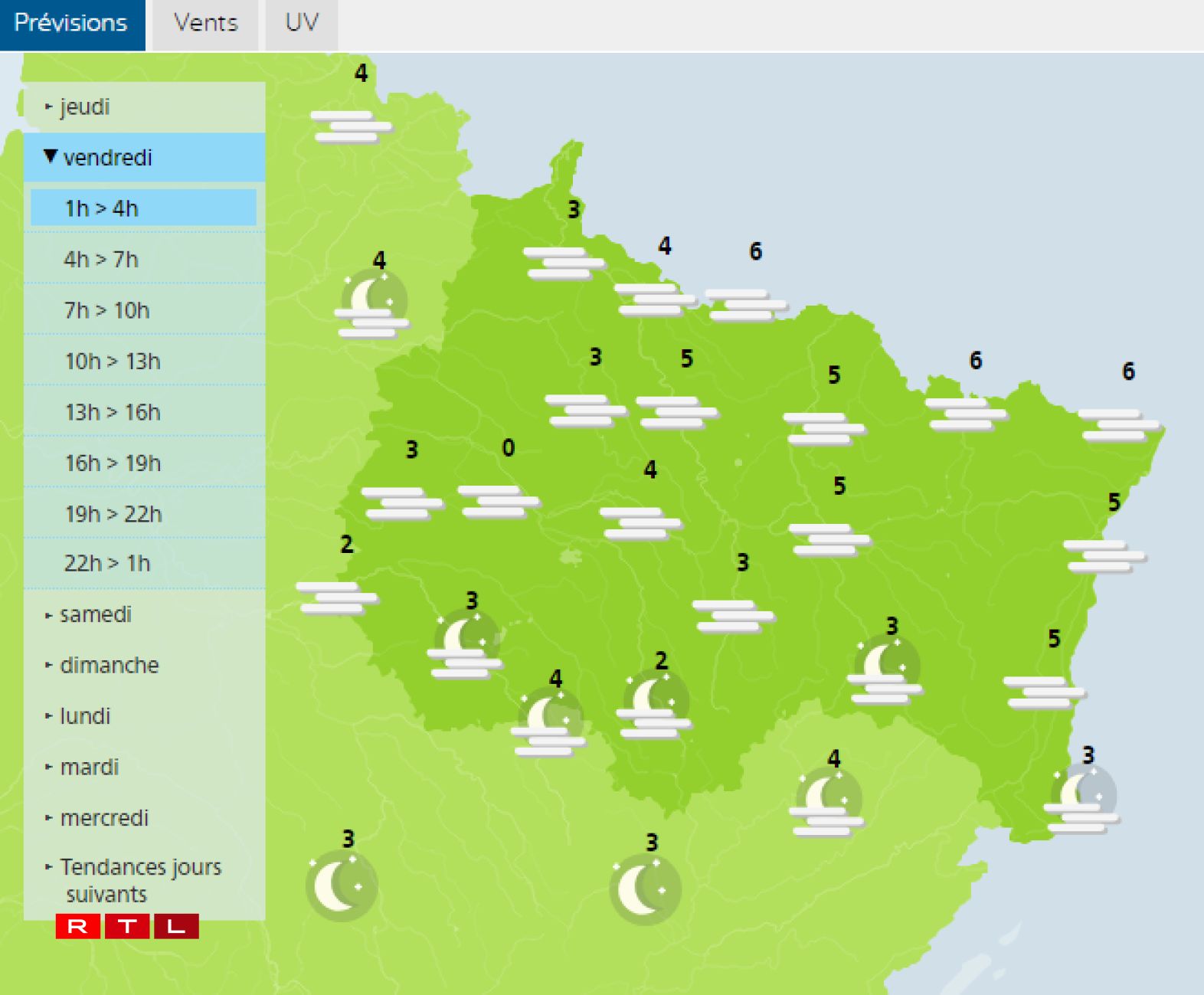 Les prévisions pour vendredi matin (1h).