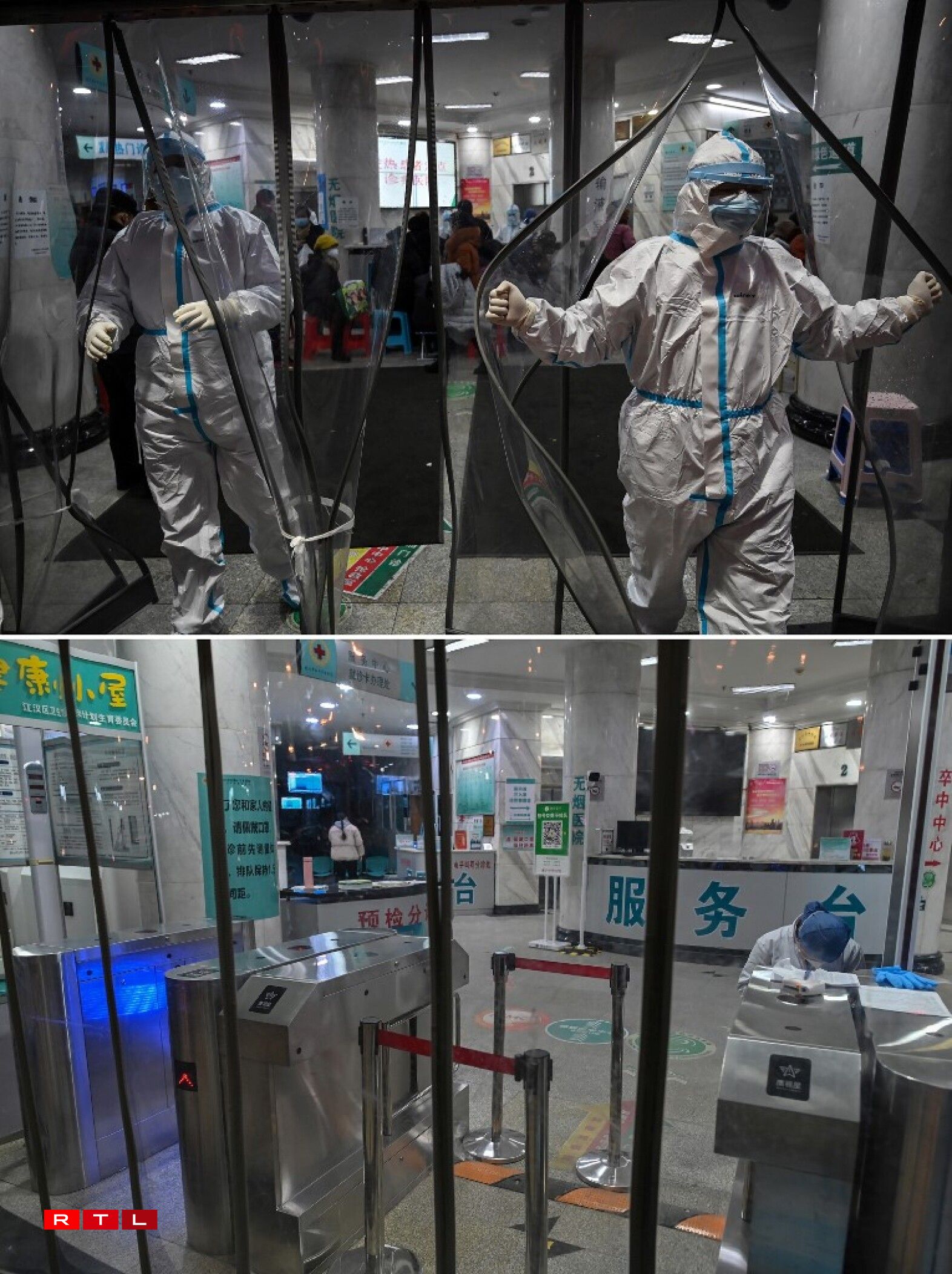 Une photo montrant des soignants en tenue de protection à Wuhan le 25 janvier 2020 (en haut) et le 19 janvier 2021 (en bas).