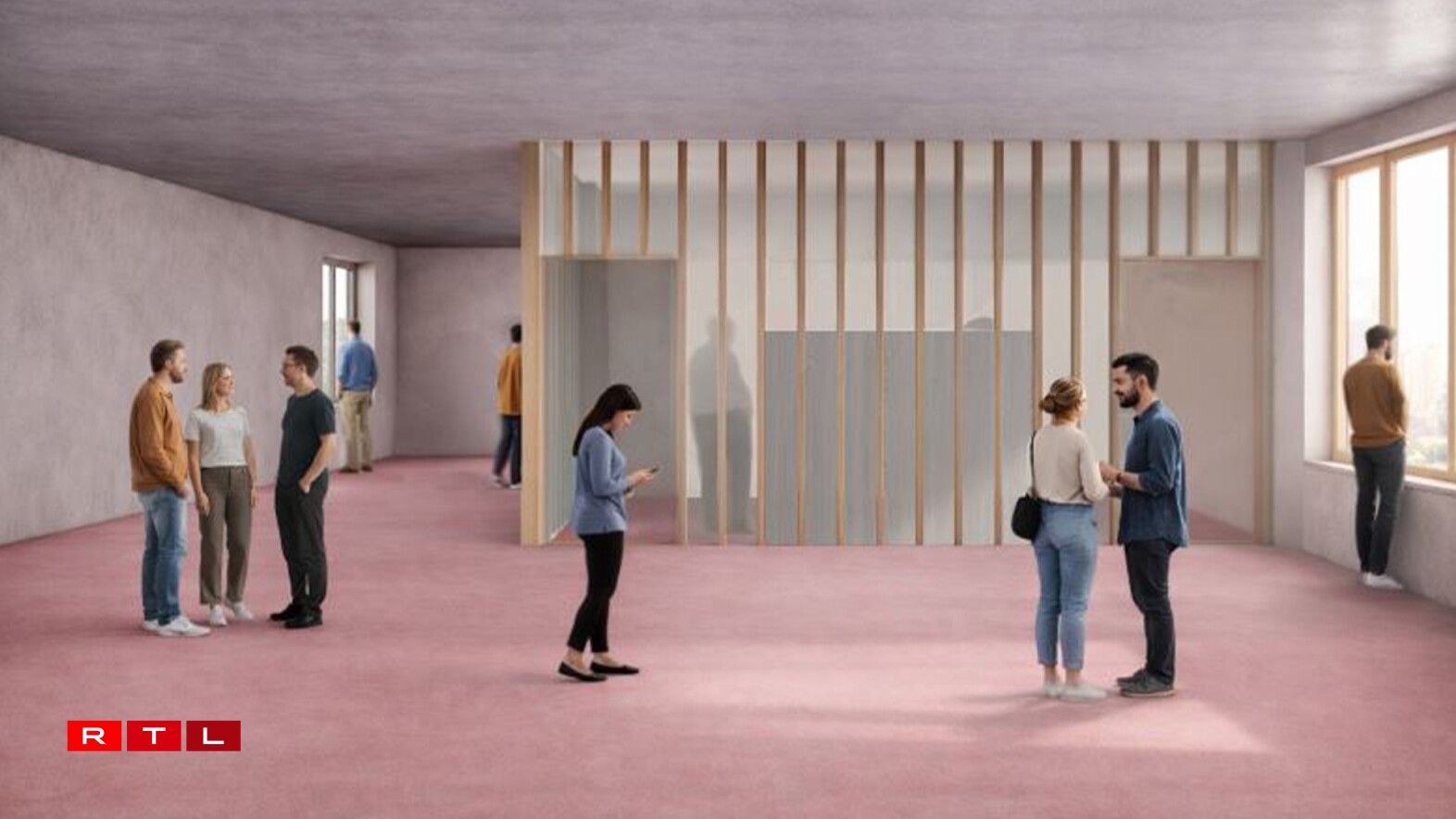 Konzept fir Toilettë mat engem oppene Beräich ronderëm d'Lavaboen.