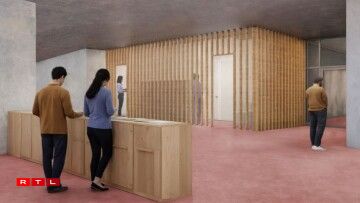 Konzept fir Toilettë mat engem oppene Beräich ronderëm d'Lavaboen.