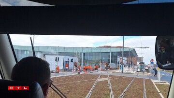 The tram arrives at the airport during a trial run conducted on 28 February 2025.