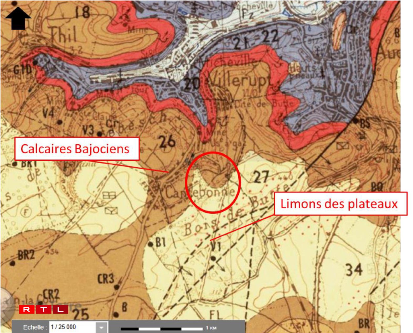 De geologescher Kaart vum BRGM no läit déi concernéiert Zon am Kalksteen vum Bajocien.