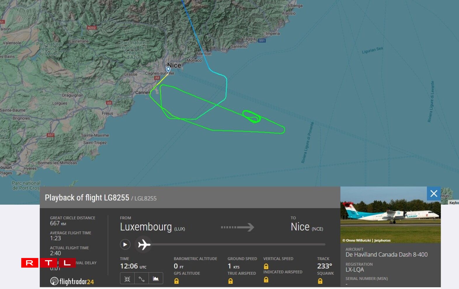 De Voll LG8255 huet Schlaufen iwwer dem Mëttelmier bei Nice gezunn.