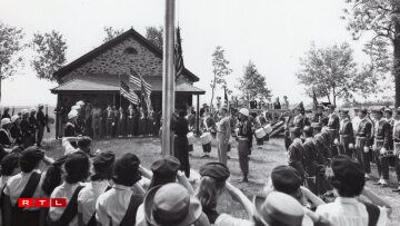 US Flag Day Celebration at Stony Hill School, Waubeka, Wisconsin - 1950s
