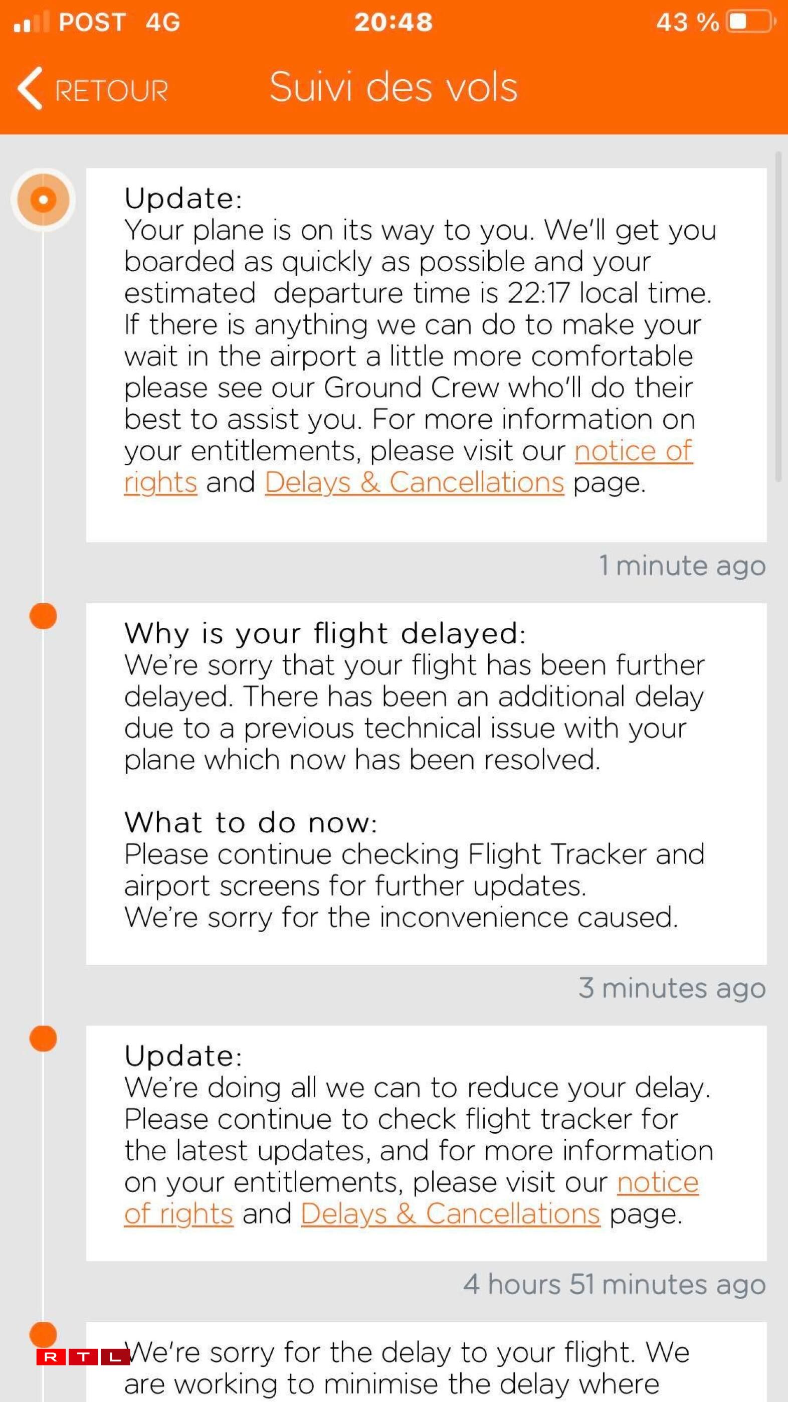 Les notifications reçues par les passagers utilisant l'application Easyjet