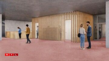 Konzept fir Toilettë mat engem oppene Beräich ronderëm d'Lavaboen.