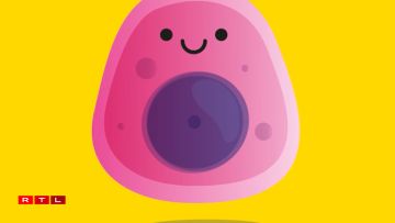 First image: illustration of a healthy cell (pink) with a cell nucleus (purple). Second image: close-up of the inside of the cell nucleus, where our chromosomes (grey-blue) are located, composed of coiled DNA (pink and blue double helix).