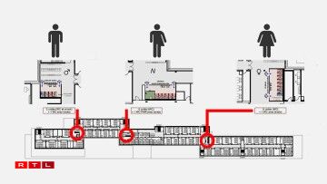 Konzept fir Toilettë mat engem oppene Beräich ronderëm d'Lavaboen.
