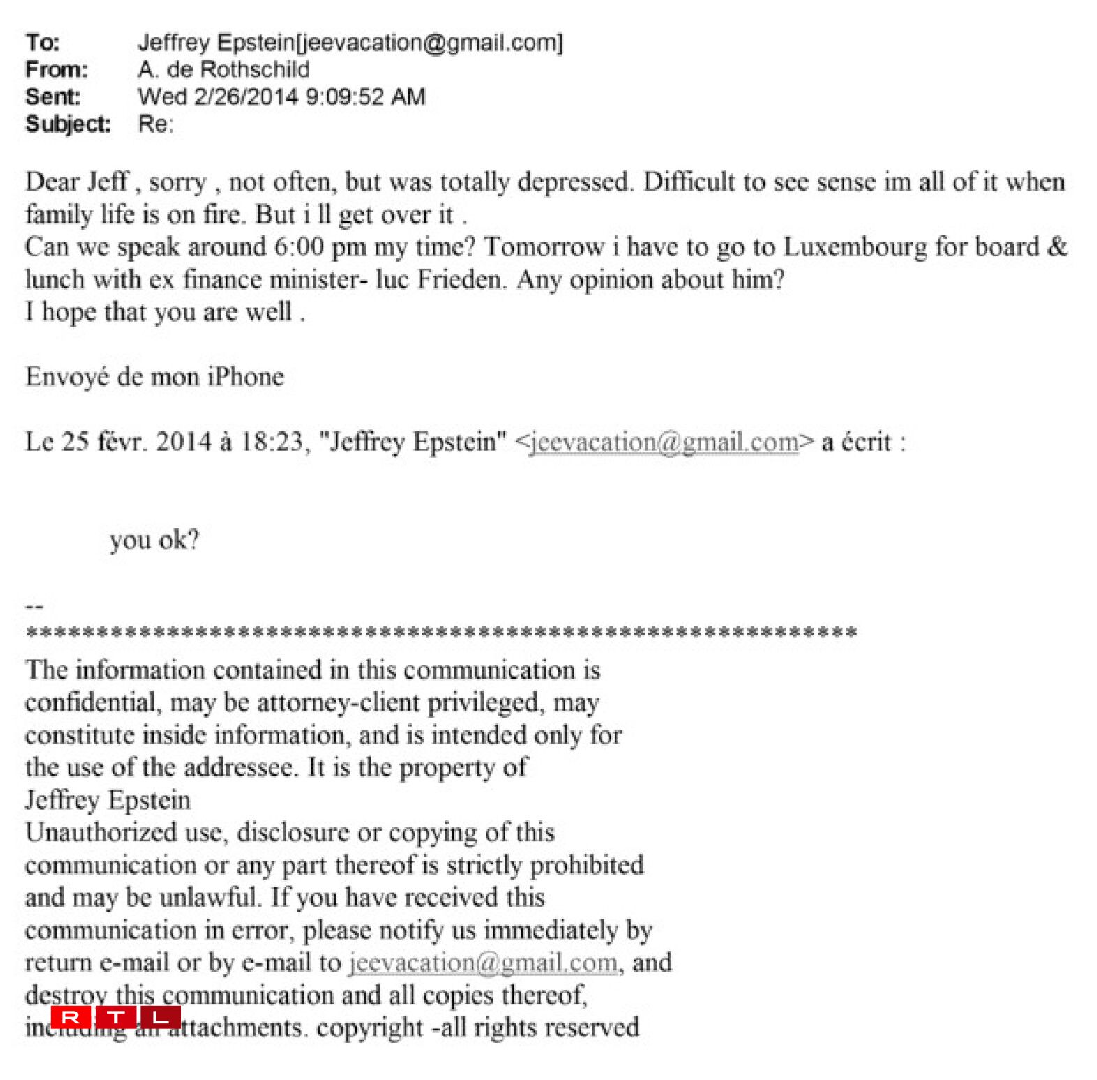 E-mail conversation between Ariane de Rothschild and Jeffrey Epstein in 2014.